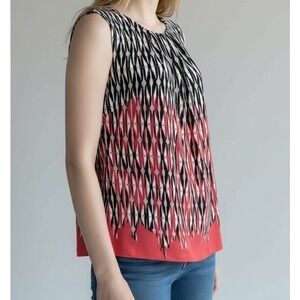 Calvin Klein Womens Pink Black Ikat Geometric Pleated Sleeveless Blouse Medium